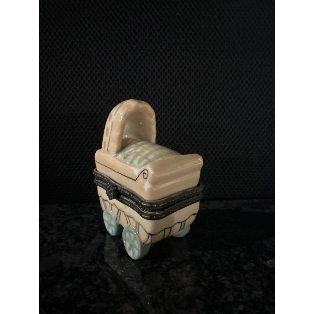Ceramic Baby Carriage Trinket Box With Hinged Lid